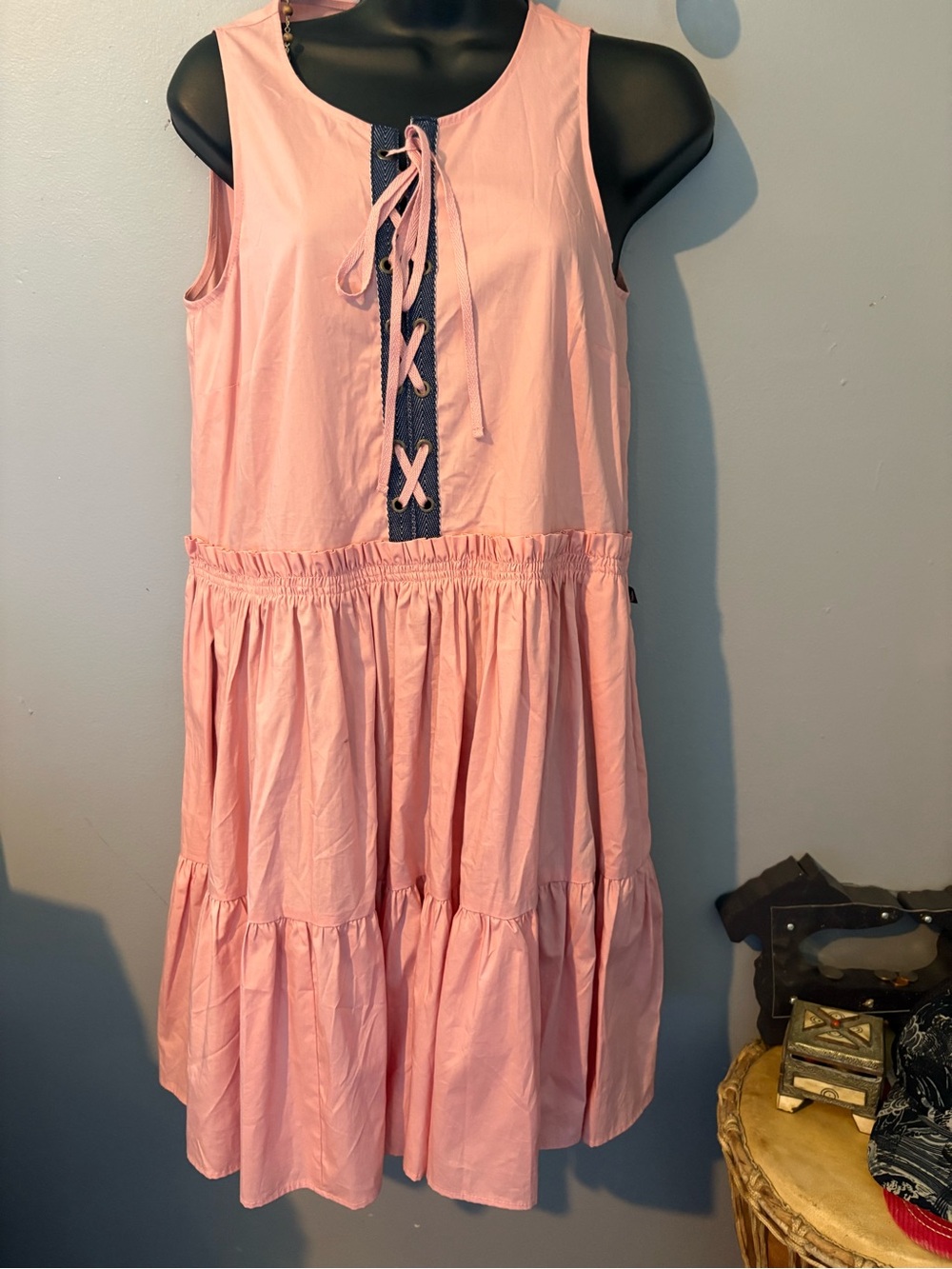 Nautica Pink Sleeveless Tie-Front Tiered Dress with Navy Trim